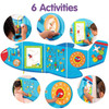 SPARK & WOW Airplane 6-Activity Sensory Wall Panel, colorful educational toy for children with interactive clock, maze, gears, and hanging beads for sensory play and development.