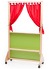 Novum Red Curtain Pretend Play Theater, children's indoor play stage with red curtains, green and light wood frame, and caster wheels for mobility.