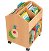 HABA Pro Bookworm Interactive Wall Decor, wooden bookshelf with multiple compartments filled with children's books and a colorful caterpillar decoration on the front.