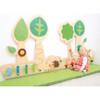 Moje Bambino Forest with Mushroom Sensory Wall Panel, colorful wooden wall panel featuring trees, leaves, and mushrooms, designed for sensory play and developmental activities for children.