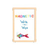 Jonti-Craft Magnetic Write-n-Wipe Classroom Divider Panel - KYDZ Suite® A-height - 24" Wide, wooden framed magnetic dry erase board with colorful text and a fish illustration for educational purposes.