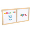 Jonti-Craft Magnetic Write-n-Wipe Classroom Divider Panel - KYDZ Suite® T-height, 48 inches wide, framed with wood, featuring colorful magnetic letters spelling 'MAGNETIC', a write and wipe surface with handwritten text, and an illustrated fish drawing.