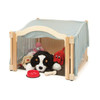 Jonti-Craft Welcome Arch Mini Classroom Divider - KYDZ® Suite T-height - 30" High, wooden playhouse with mesh sides and roof, filled with plush toys and a red bowl.