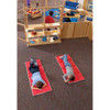 Jonti-Craft Upper Deck Write-n-Wipe Room Divider - KYDZ Suite® in a classroom setting with two children lying on red mats on the carpeted floor, demonstrating the room divider's use for space separation and organization.