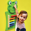 SPARK & WOW Frog Activity Wall Panel Toy, colorful wooden educational toy for children with rotating beads and frog design on a yellow background.