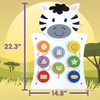 SPARK & WOW Zebra Activity Wall Panel Toy, colorful wooden shape and animal activity toy for infants and toddlers with adjustable size, measuring 22.3 inches in height and 14.8 inches in width.