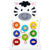 SPARK & WOW Zebra Activity Wall Panel Toy, a colorful wooden activity board with a zebra face design and various shape and color matching puzzles for children.