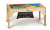 Jonti-Craft Wooden LEGO® Rectangle Storage Table, wooden kids' play table with a LEGO brick surface and storage bag underneath for toy organization.