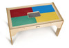 Jonti-Craft Wooden LEGO® Rectangle Storage Table, wooden table with colorful LEGO® baseplate surface in red, blue, green, and yellow sections with a center handle, suitable for children's play and storage.