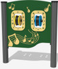Playground Prodigy Spin Maracas Outdoor Musical Play Panel, with colorful yellow and blue maracas mounted on a green panel decorated with musical notes. Playground Prodigy Spin Maracas Outdoor Musical Play Panel, with colorful yellow and blue maracas mounted on a green panel decorated with musical notes.