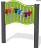 Playground Prodigy Genius Maker Musical Cam Chimes Playground Panel, colorful metal chimes with various hues mounted on a green and gray frame.