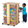 Jonti-Craft 24 Tub Tower with Tubs, wooden storage unit with multiple clear plastic tubs filled with colorful toys, child accessing the tubs.