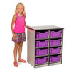 Playscapes Double Unit Mobile Gratnell Classroom Organizer, a storage unit with purple bins and a light wood finish.