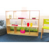 Whitney Brothers Nature View Acrylic Back Storage Cabinet 36" H, wooden storage unit with glass back panels and open shelves, colorful toys and decor displayed inside, set in a bright room with a green chair and plush seat.