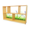 Whitney Brothers Nature View Acrylic Back Storage Cabinet 30" H, wooden storage cabinet with multiple open shelves and a scenic nature-themed back panel with flowers and grass.