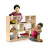 Whitney Brothers Acrylic Back Storage Cabinet 36 inches high, wooden shelving unit with various children's toys and books, children playing nearby.