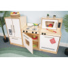 Whitney Brothers Contemporary White Toy Dishwasher and Microwave, children's play kitchen with pretend appliances, wooden cabinets, and toy utensils.