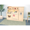 Whitney Brothers Contemporary Natural Play Kitchen Combo, wooden play kitchen set with stove, sink, cabinets, and shelves for children.