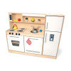 Whitney Brothers Contemporary White Play Kitchen Combo, a children's wooden pretend play kitchen with stove, oven, sink, refrigerator, and shelving for imaginative play.