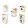 Whitney Brothers Contemporary Kid's Kitchen Set - White, a realistic miniature kitchen set for children including a sink, stove, microwave, refrigerator, and washing machine in a natural wood finish.