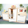 Whitney Brothers Contemporary White Toy Refrigerator, children's wooden play kitchen with open and closed cabinets, microwave, sink, and accessories