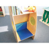 Whitney Brothers Alone Zone Reading Pod with built-in bookcase, wooden children’s reading nook with blue cushioned seating, a mirror, and storage shelves for books