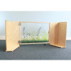 Whitney Brothers Nature View Room Divider Gate, wooden safety gate with nature-themed acrylic panel featuring grass and purple flowers.