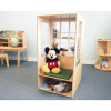 Whitney Brothers Nature View Window Seat, a wooden children's playhouse with window pane details, featuring plush toys and plants inside for imaginative play.