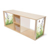 Whitney Brothers Nature View Discovery Crawl-Thru Cabinet, educational wooden children's storage cabinet with nature-themed side panels featuring grass, flowers, and butterflies.