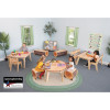 Whitney Brothers Nature View Live Edge Rectangle Table 22" H, classroom with children seated around a natural wood table, eco-friendly design, educational setting