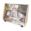 Whitney Brothers Nature View Mobile Book Browser, wood mobile book storage unit with waterfall and nature scene printed on the panels, on wheels for easy mobility.
