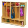 Whitney Brothers Five Section Seated Coat Locker, wooden children's coat storage unit with multiple compartments and hooks for hanging coats and accessories.