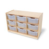 Whitney Brothers Nine Tray Mobile Gratnell Storage Cabinet, wooden cabinet with nine clear plastic storage trays arranged in three rows, ideal for organization and storage.