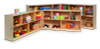 Whitney Brothers Fold And Roll Storage Cabinet 30"H, wooden storage unit with multiple open shelves filled with toys, books, and art supplies.