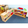 Whitney Brothers Fold and Roll Storage Cabinet 24 H, wooden storage unit with open shelves filled with toys and art supplies.