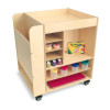 Whitney Brothers Rolling Mobile Art Cart, wooden art supply storage cart on wheels with multiple shelves holding paints, crayons, and craft materials.