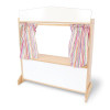 Whitney Brothers Deluxe Puppet Theater With Markerboard, wooden puppet theater with colorful striped curtains and a white markerboard panel.