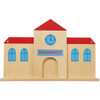 HABA Pro Push Along Train Rail Wall Activity, features a wooden train station with red roofs, blue window accents, and a clock on the front, designed for interactive play and learning. HABA Pro Push Along Train Rail Wall Activity, features a wooden train station with red roofs, blue window accents, and a clock on the front, designed for interactive play and learning.