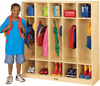 Jonti-Craft 5 Section Coat Locker, a wooden school locker with five compartments filled with backpacks, shoes, and school supplies, with a smiling boy standing beside it.