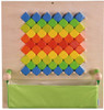 HABA Pro Dice Sensory Wall Toy, colorful wooden dice arranged in a 6x6 grid on a wooden surface with a green fabric tray below.