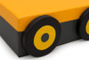 Moje Bambino Tractor Trailer Soft Indoor Climber Play Set, close-up of the black wheels with yellow hubcaps on the orange and black tractor trailer