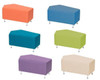 Moje Bambino Star Upholstered Bench Ottomans, set of six colorful upholstered ottomans in orange, blue, teal, green, purple, and beige, with metallic legs.