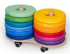 Moje Bambino Mobile Trolley with Donut Seating Cushions Set, colorful circular cushions stacked on a wooden trolley with wheels.