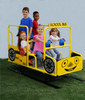 Playtime Playground Equipment Gus the Bus Spring Rider, kids riding on a yellow bus-shaped spring rider with fun bus face design and children smiling.