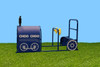 Playtime Playground Equipment Choo Choo Train Oil Car Climber, blue train-themed playground climbing structure with wheels and a yellow handle, on green grass under blue sky.