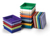 Jonti-Craft 6 Seat Kid's Table With Storage, colorful plastic containers and trays stacked for children's activities.