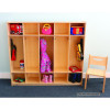 Whitney Brothers Five Section Coat Locker, wooden coat storage cabinet with five compartments filled with children's belongings like backpacks, jackets, rain boots, and toys.