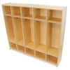 Whitney Brothers Five Section Coat Locker, wooden storage unit with five compartments and hooks for coats and belongings.