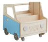 HABA Pro Book Bus, a wooden children's toy resembling a mini bus with open-top storage and colored wheels.