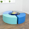Children's Factory Tranquility Curve Soft Seating - 5 Pieces, colorful semi-circular modular soft seating arranged in a circle with a small table in the center with toys.
